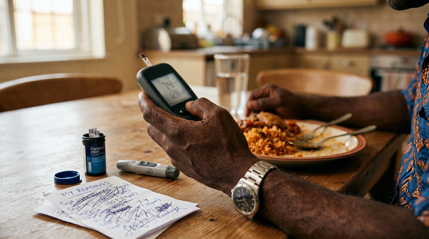 Man holding glucometer at dining table with plate of rice